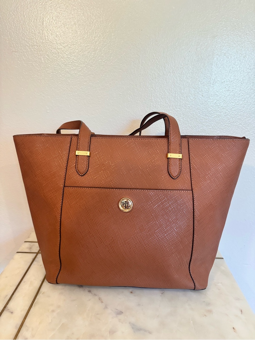 Lauren Ralph Lauren Chestnut Brown Saffiano Leather Tote with RL Medallion